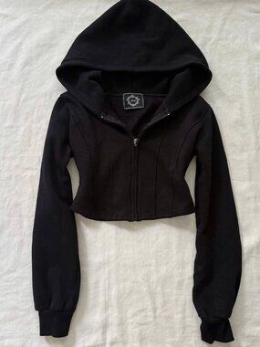 Black Cropped Zip-Up Hoodie with Hood